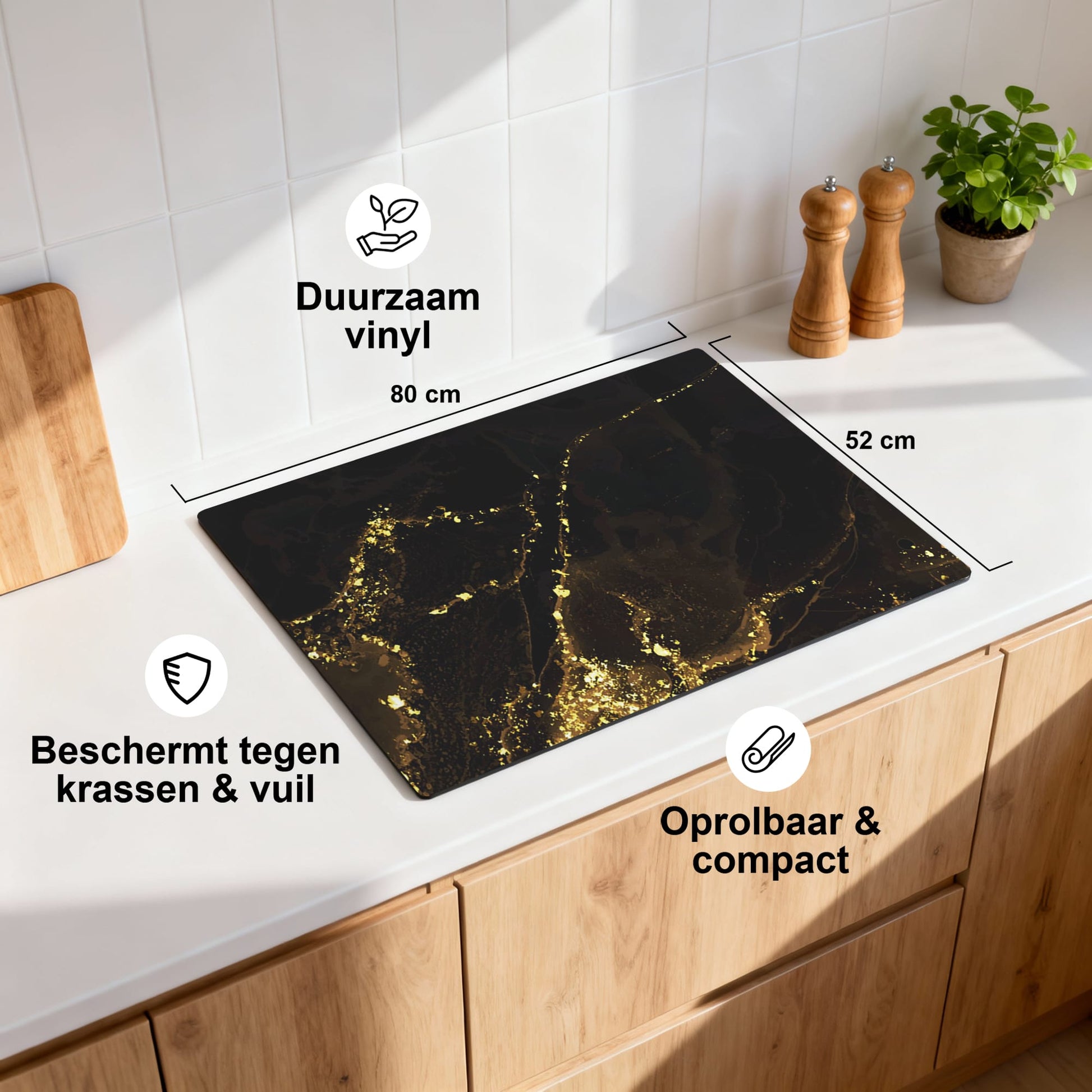 [infographic] Black Marble Gold (IB) inductiebeschermer sfeer bovenaanzicht — KitchenArt