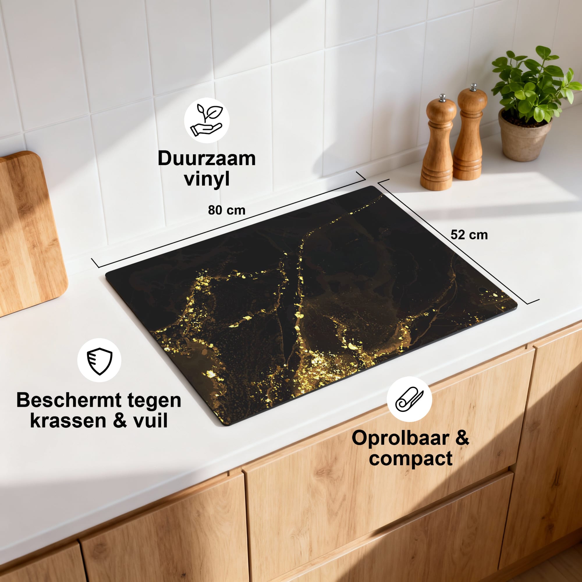 [infographic] Black Marble Gold (IB) inductiebeschermer sfeer bovenaanzicht — KitchenArt
