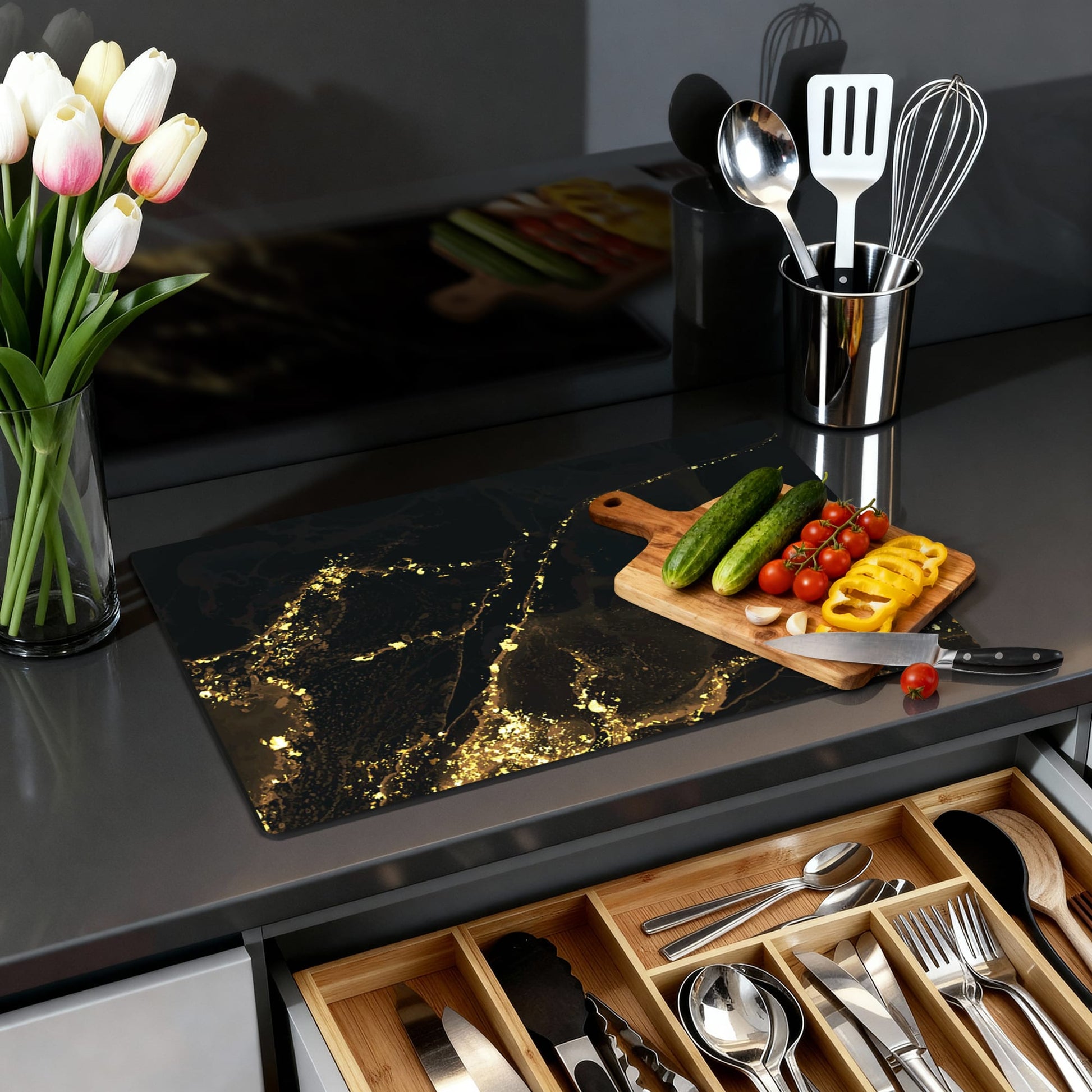 Black Marble Gold (IB) inductiebeschermer sfeer detail — KitchenArt
