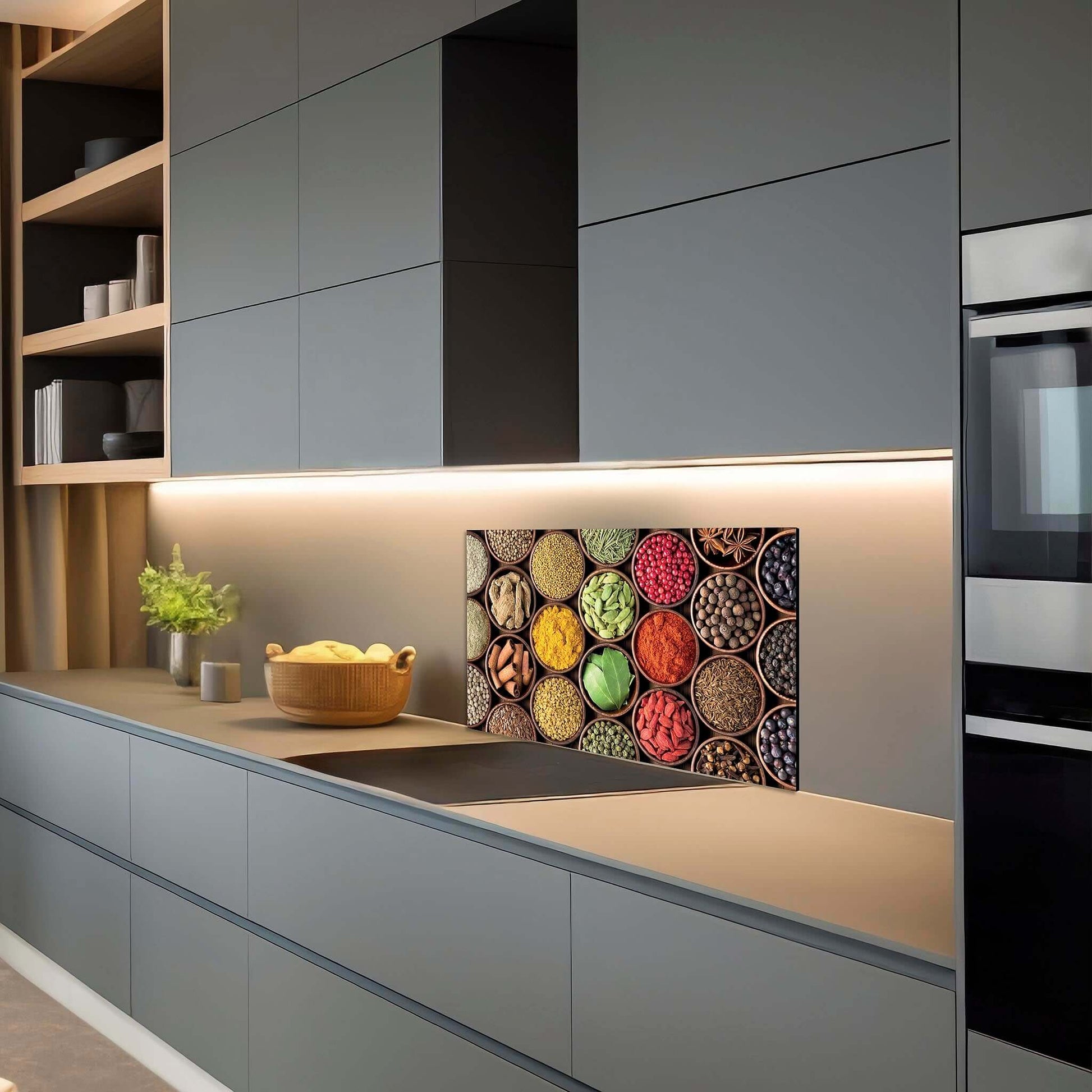 Spice Harmony spatscherm met kruidenmix als eyecatcher in een moderne grijze keuken